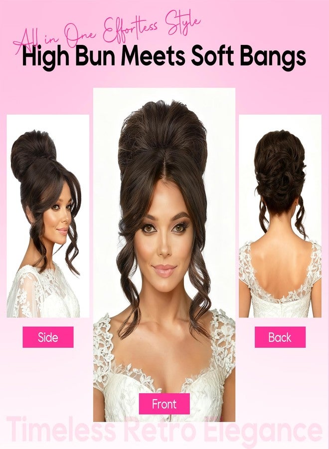 REECHO Messy Bun Hair Piece with Bangs – 2-in-1 Drawstring Ponytail Extension Updo Wig & Hair Topper with Long Side Bangs, Natural-Looking Hair Bun Hairpieces for Women - Light Brown - Image 2